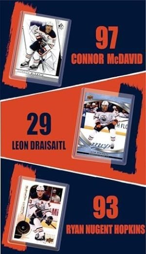 Edmonton Oilers Cards: Connor McDavid, Leon Draisaitl, Ryan Nugent-Hopkins, Darnell Nurse, Jack Campbell, Zach Hyman ASSORTED Hockey Stars & GOATs Trading Card & Wristbands Gift Pack