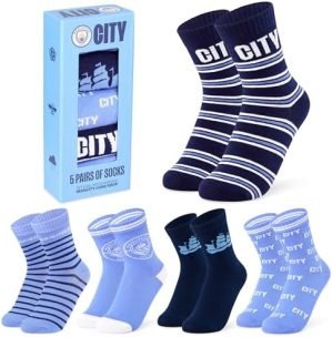 Manchester City FC Boys Socks - Pack of 5 Crew Socks for Boys Teenagers Soft Breathable Size 13-8 Man City Gifts for Boys