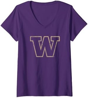 Womens University of Washington Huskies Distressed Primary Logo V-Neck T-Shirt