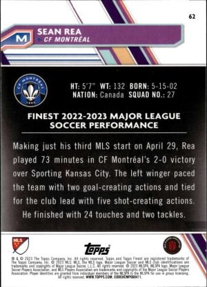 2023 TOPPS FINEST MLS #62 SEAN REA RC CF MONTREAL SOCCER OFFICIAL TRADING CARD OF MLS